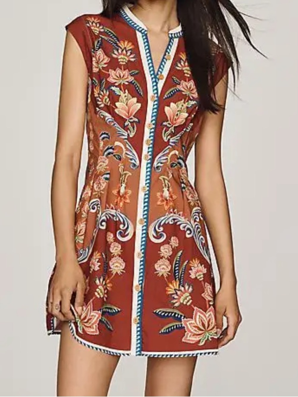 Farm Rio Floral Button-Front Short Dress in Rust - Picture 2 of 4